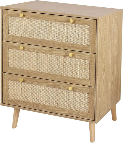 3 Drawer Dresser for Bedroom, Rattan Dresser Modern Wood Chest of Drawers with Spacious Storage for Bedroom Hallway Living Room, Rustic Oak, H0027