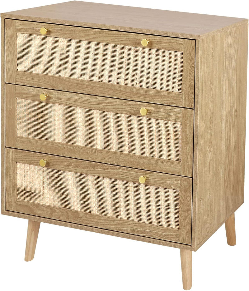 3 Drawer Dresser for Bedroom, Rattan Dresser Modern Wood Chest of Drawers with Spacious Storage for Bedroom Hallway Living Room, Rustic Oak, H0027