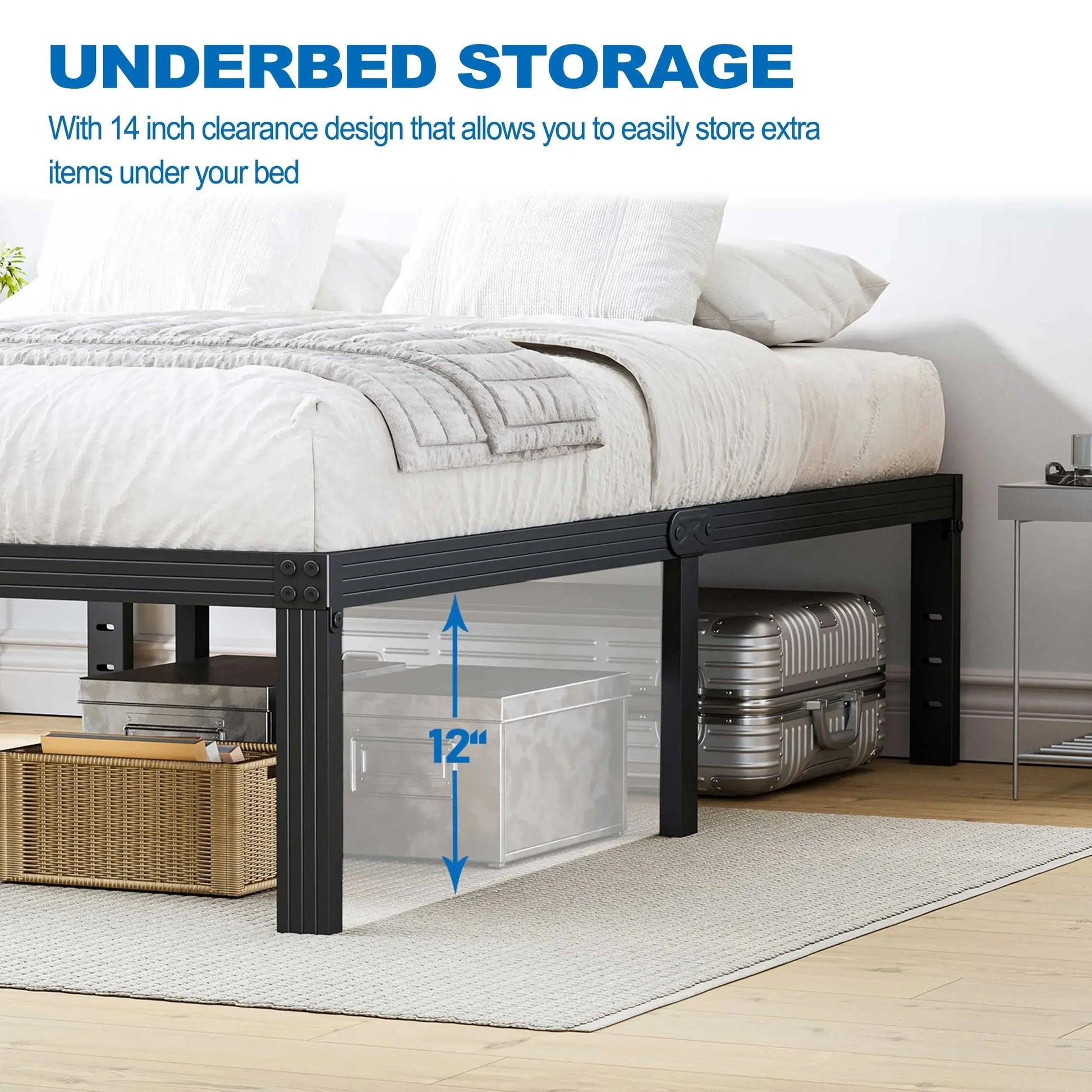 14" Queen Metal Bed Frame with Steel Slats, Heavy Duty Mattress Foundation