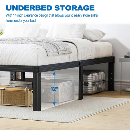 14" Queen Metal Bed Frame with Steel Slats, Heavy Duty Mattress Foundation