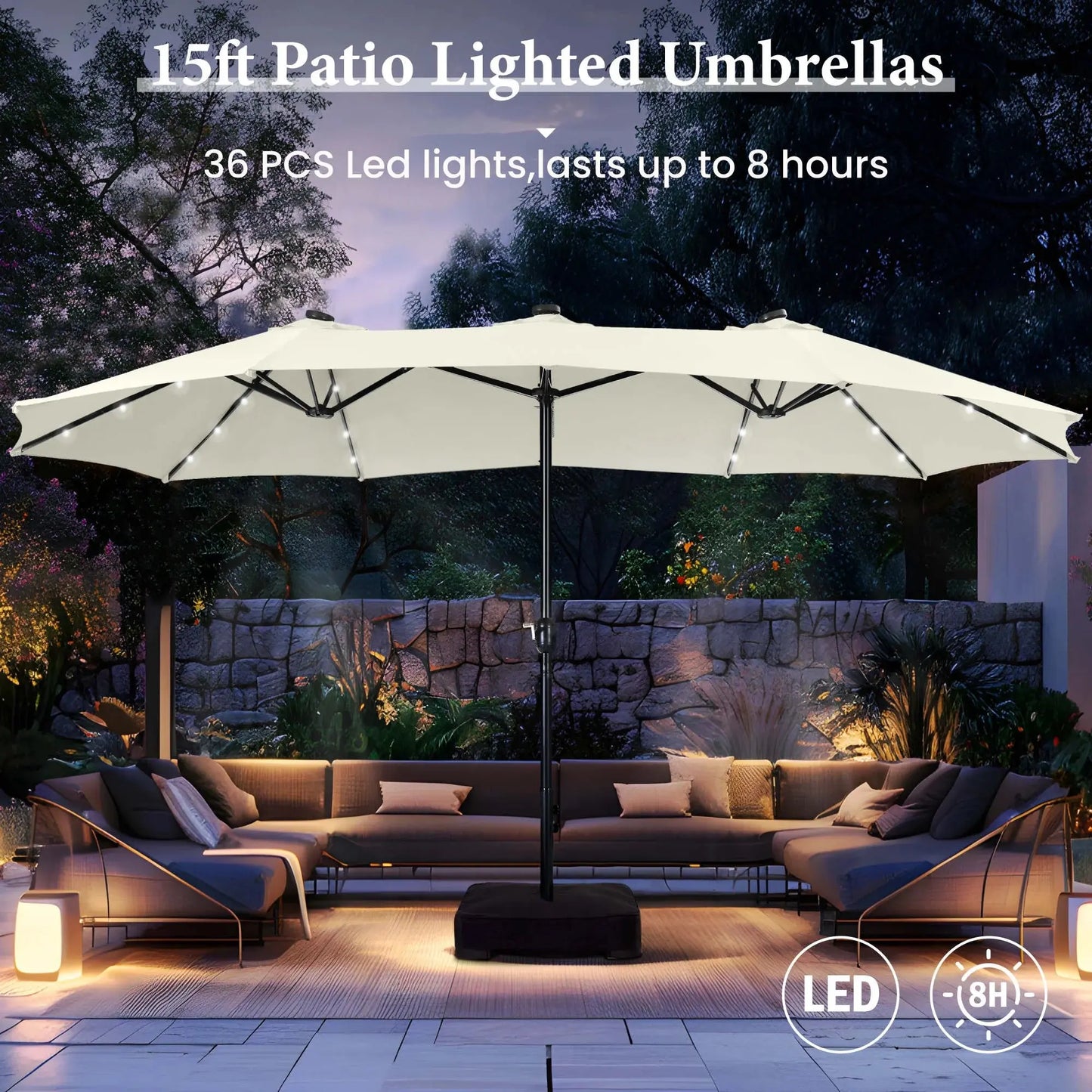 15Ft Double-Sided Solar Patio Umbrella with Base (Included) Large Outdoor Umbrella with Solar Lights - Ivory