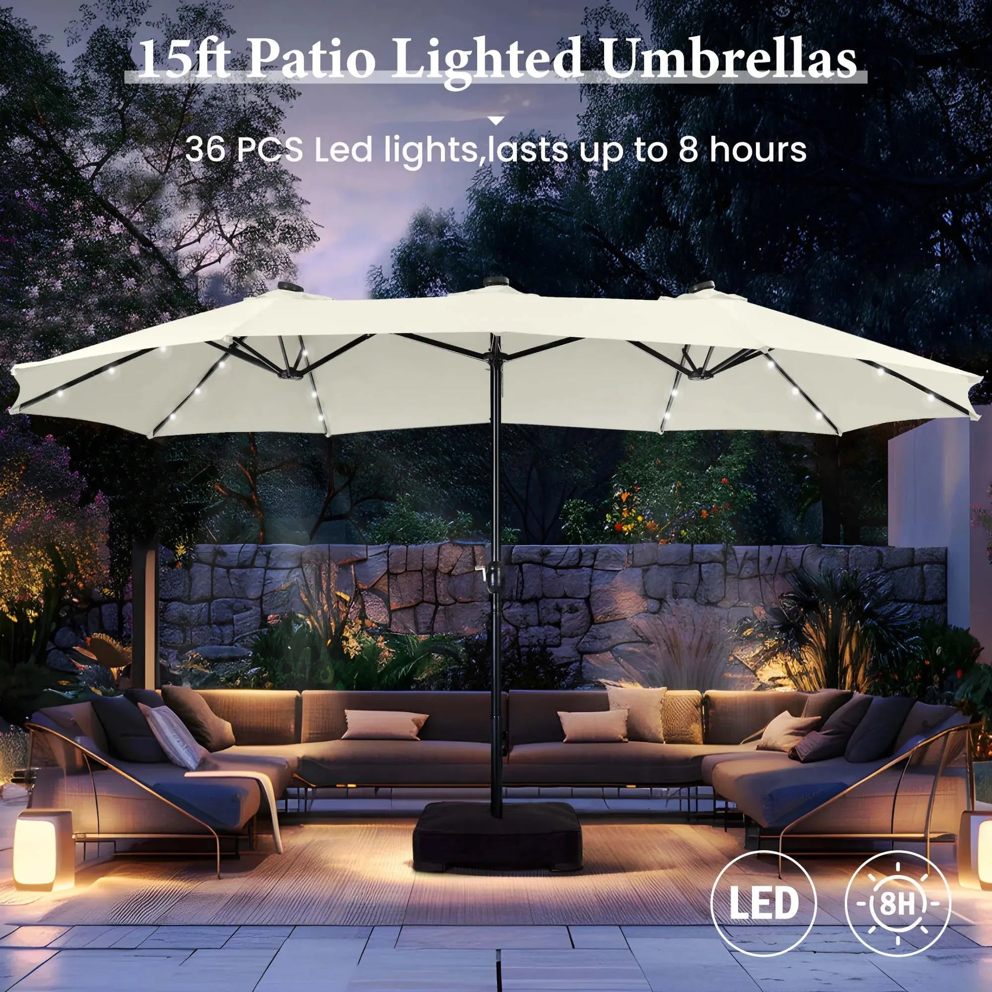 15Ft Double-Sided Solar Patio Umbrella with Base (Included) Large Outdoor Umbrella with Solar Lights - Ivory