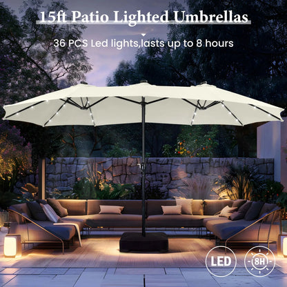 15Ft Double-Sided Solar Patio Umbrella with Base (Included) Large Outdoor Umbrella with Solar Lights - Ivory