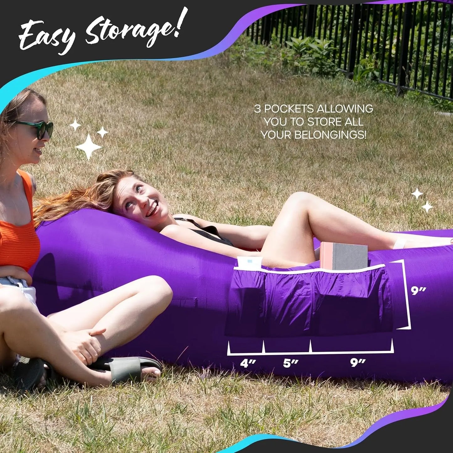 Inflatable Lounger | 210T Polyester Inflatable Chair | No-Pump Blow up Couch | Camping Couch Air Sofa Bed W/ 450 Lbs. Cap., Pockets & Matching Bag | Use as Inflatable Couch for Adults & Kids