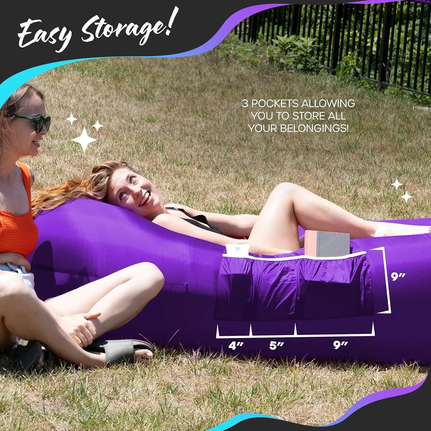 Inflatable Lounger | 210T Polyester Inflatable Chair | No-Pump Blow up Couch | Camping Couch Air Sofa Bed W/ 450 Lbs. Cap., Pockets & Matching Bag | Use as Inflatable Couch for Adults & Kids