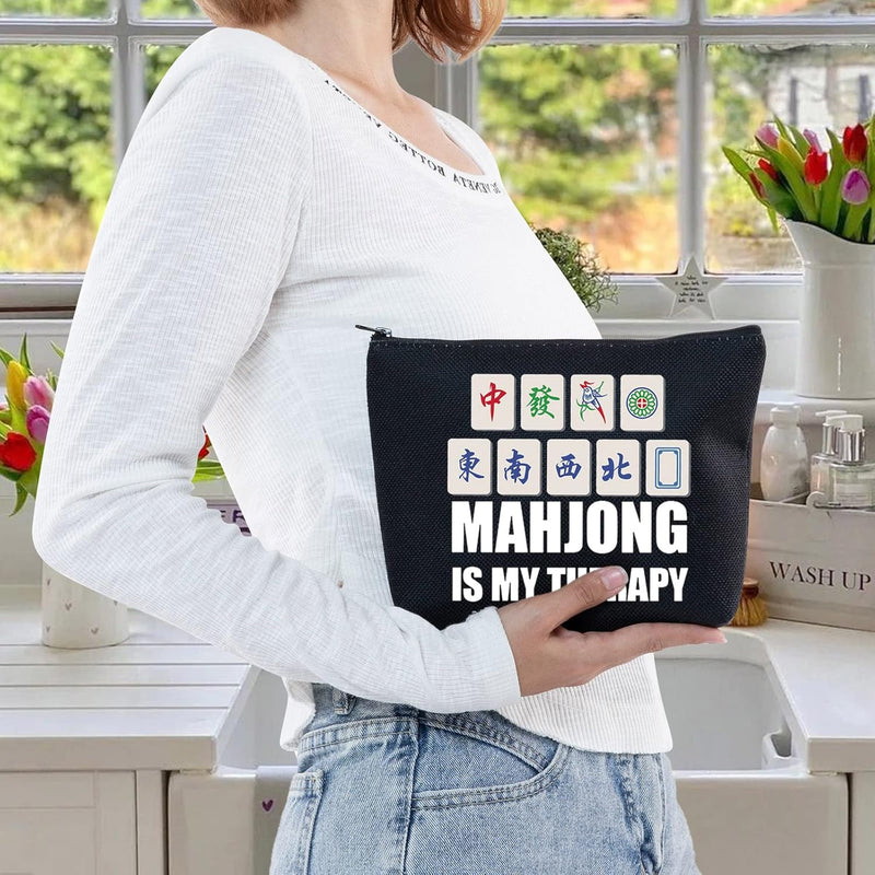 Funny Mahjong Cosmetic Make up Bag Mahjong Lover Gift Mahjong Is My Therapy Makeup Zipper Pouch Bag for Friend Family (Mahjong Black)