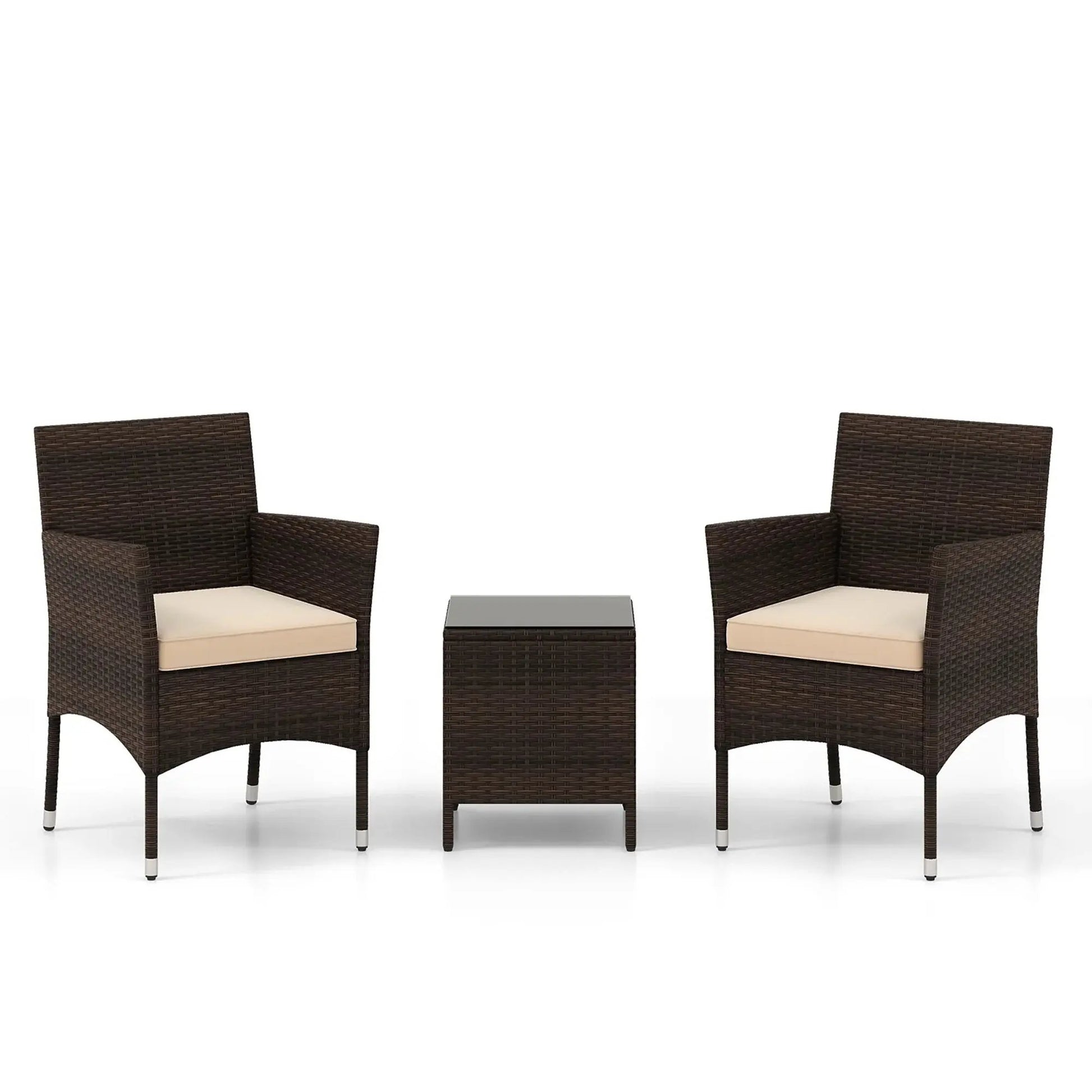 Stylish 3-Piece Outdoor Conversation Set with Cushioned Seats & Durable Tempered Glass Tabletop