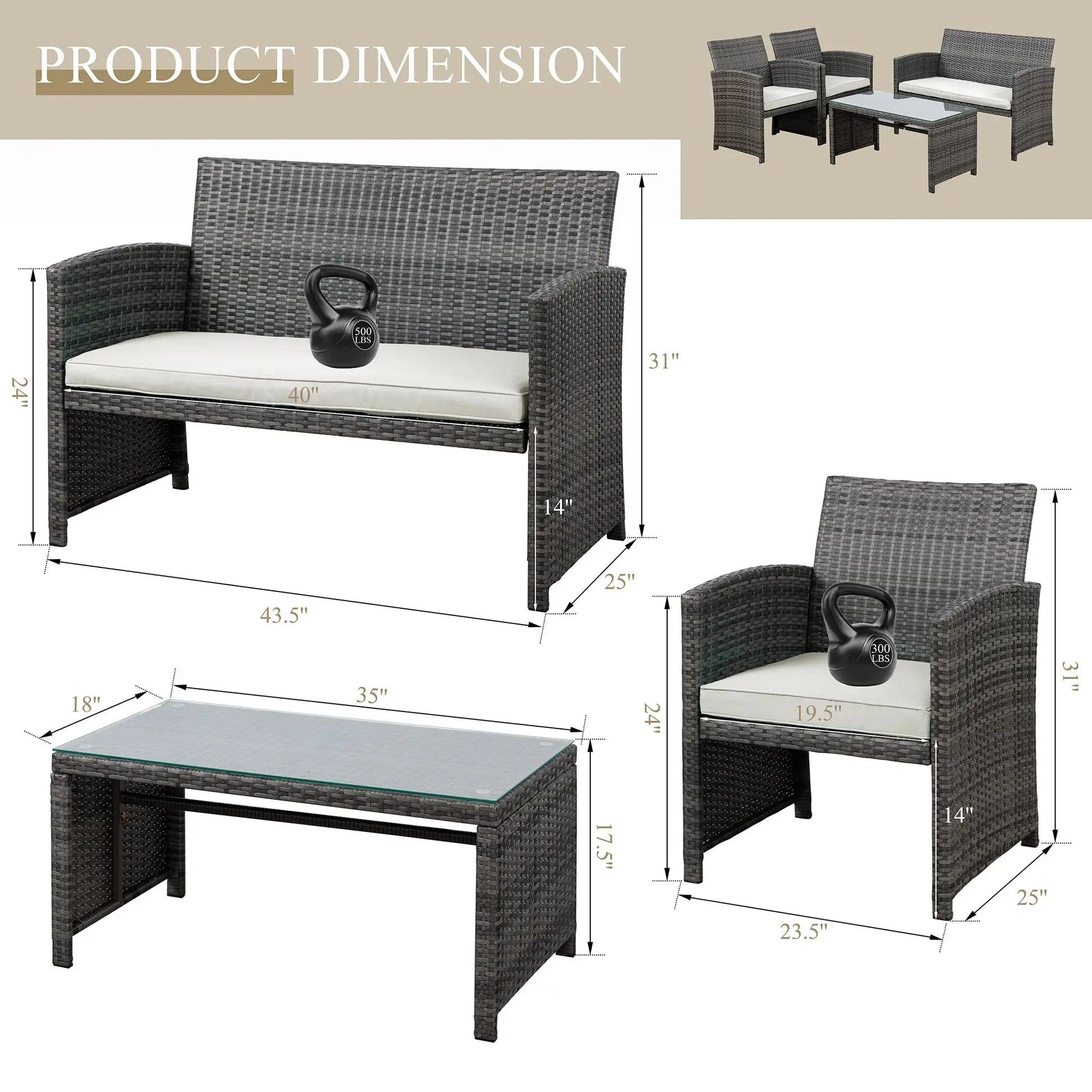 4-Piece Patio Rattan Furniture Set with Cushions & Tempered Glass Tabletop, White