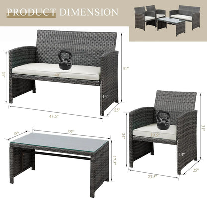 4-Piece Patio Rattan Furniture Set with Cushions & Tempered Glass Tabletop, White