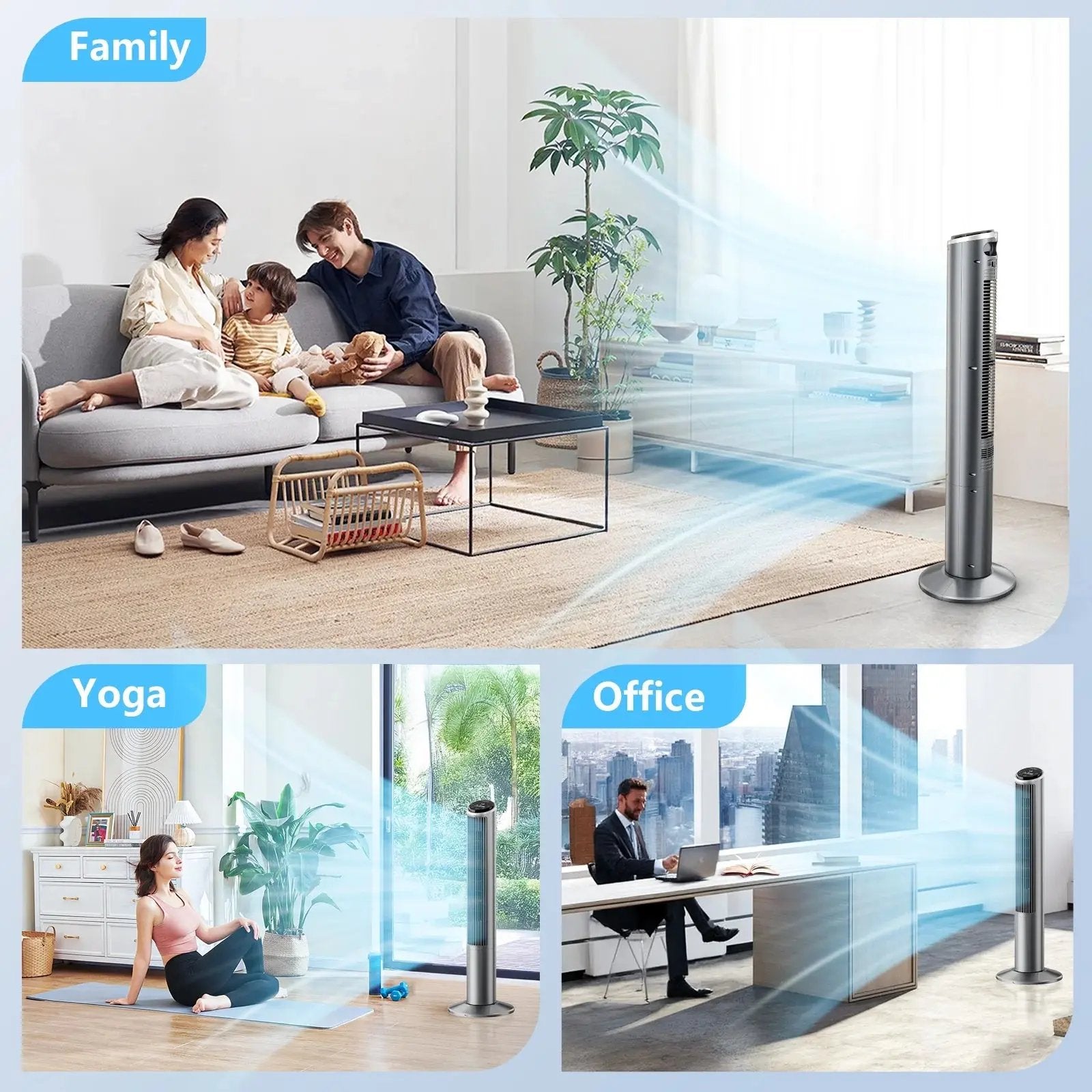 Tower Fan with Remote, 40" Bladeless Fan for Home, 70° Oscillation, 3 Speeds, 2 Modes, 15H Timer Quiet AC Motor Floor Fan for Bedroom, Office, Gray