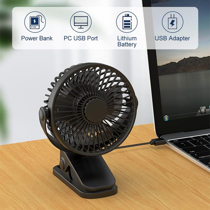 6-Inch Portable Clip-On Fan, Battery-Powered USB Desk Fan with 3 Speed Settings, Adjustable Clamp, 360° Rotation for Office, Home, Dormitory, and Stroller (Black)