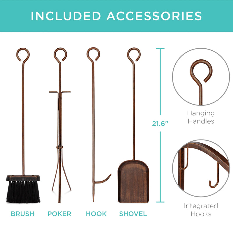 5-Piece Firewood Log Rack Holder Tools Set for Fireplace W/ Hook, Broom, Shovel, Tongs - Copper