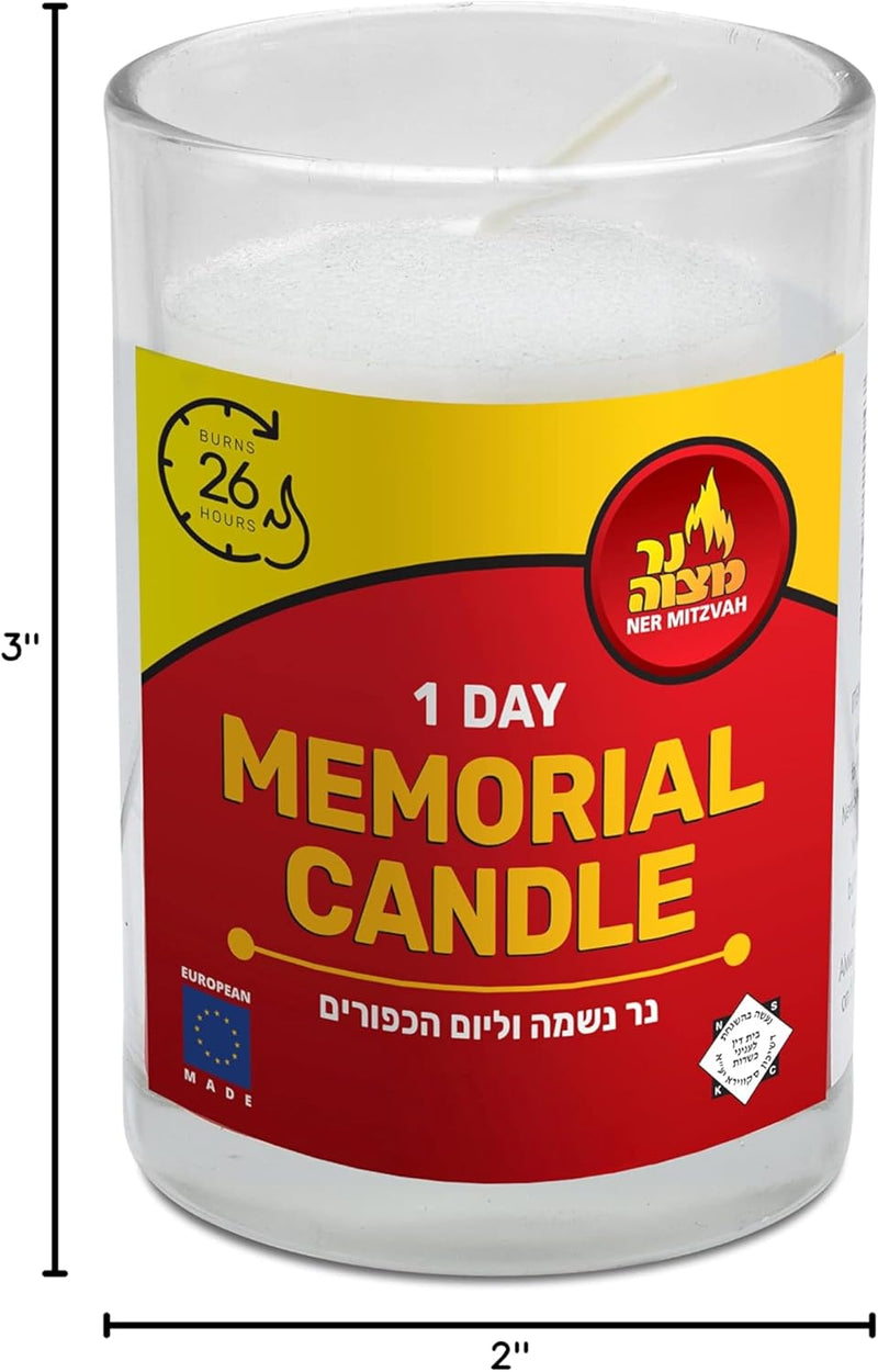 1 Day Yahrtzeit Candle - 6 Pack - 24 Hour Kosher Memorial and Yom Kippur Candle in Glass Jar
