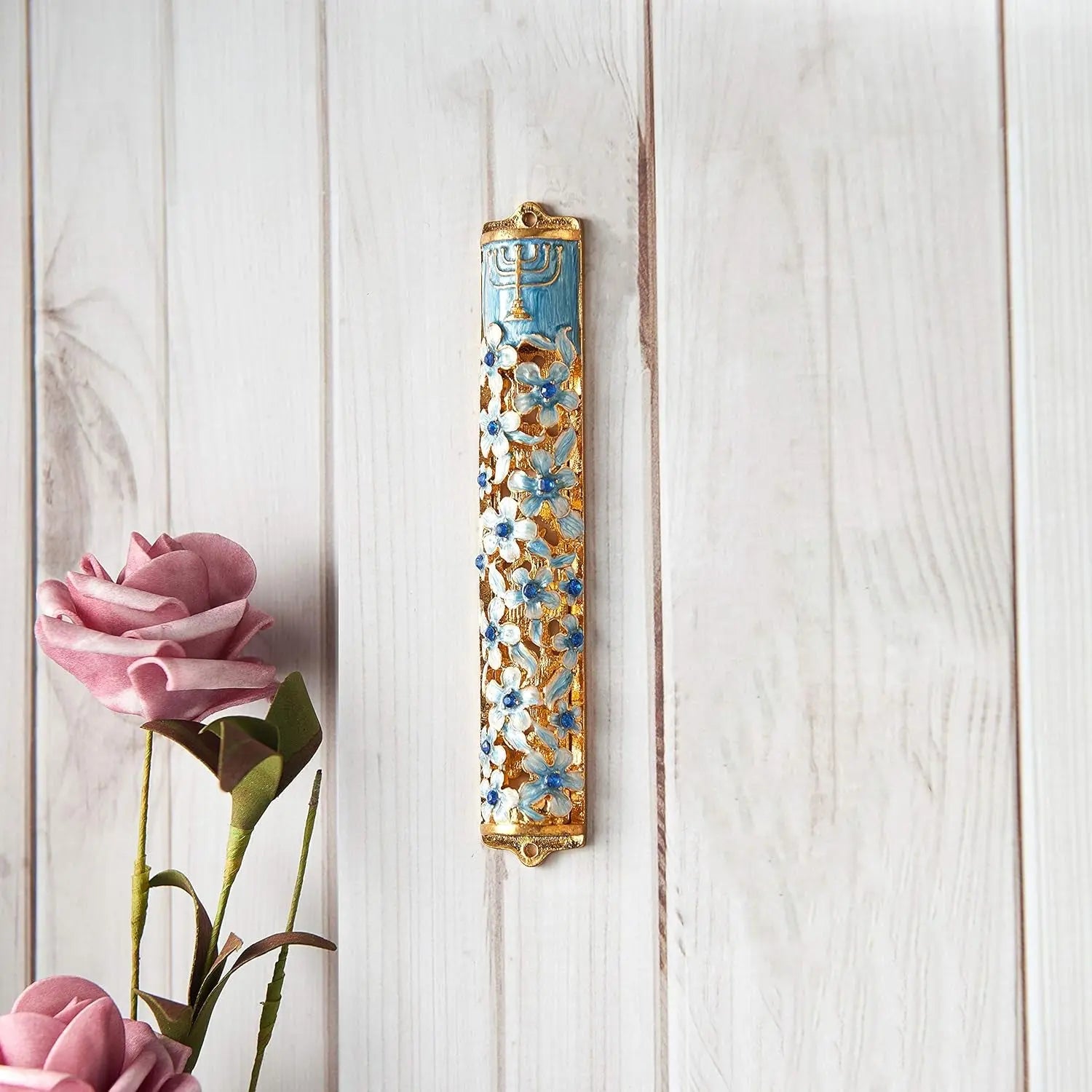 Hand Painted Blue and Ivory Enamel Flower Mezuzah Embellished with Gold Accents and Menorah Design Crystals Home Door Wall Decor Housewarming Present Gift for Festival(5.5 Inch)