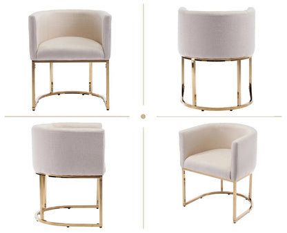 Modern Linen Dining Chair, Mid-Century Upholstered Barrel Kitchen Chairs Fabric Side Chair with Metal Legs and Curved Back for Living Room Dining Room Bedroom, Cream