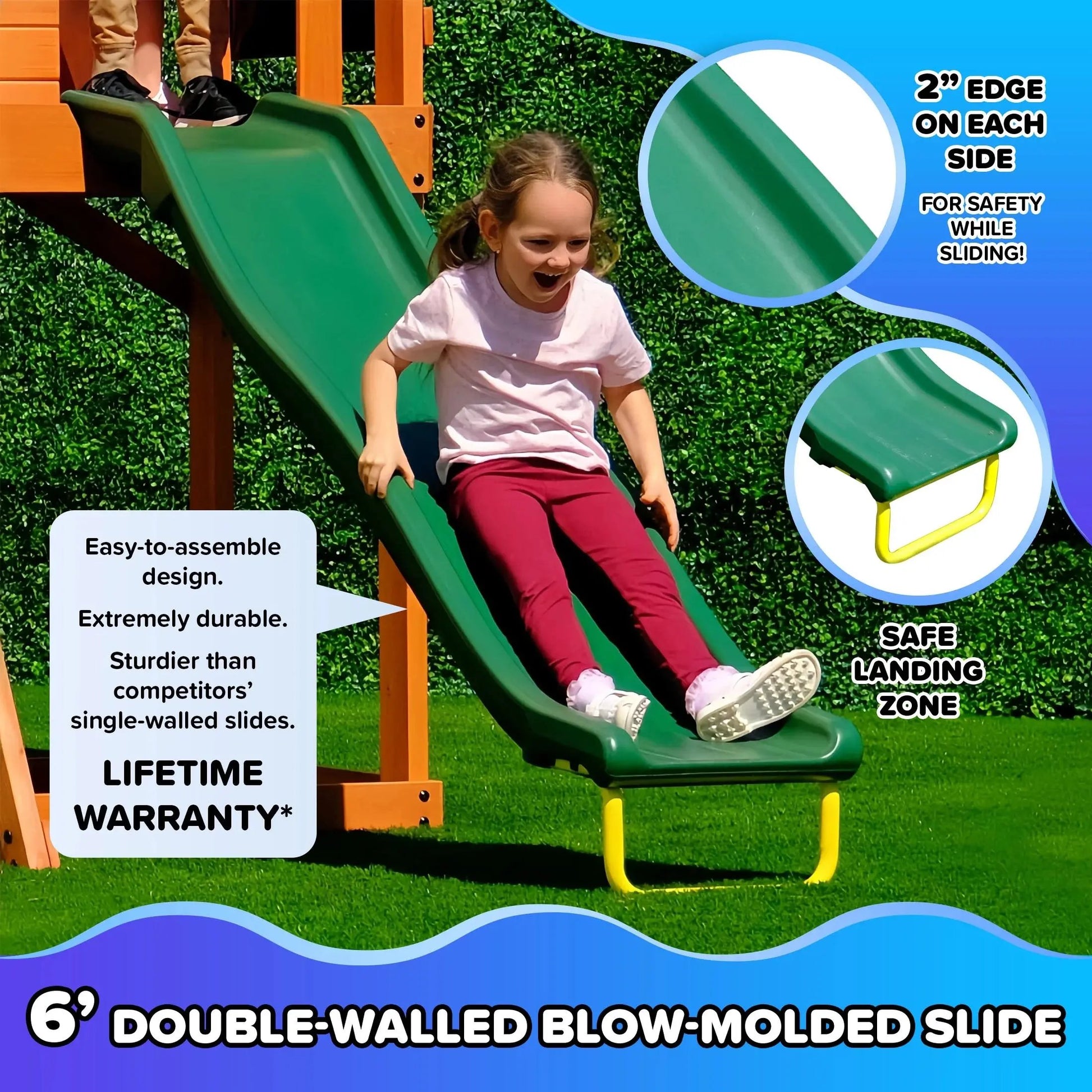 Amelia Wooden Swing Set with 2-Person Saucer Swing, 6' Slide & Play Fort - Heavy Duty & Lifetime Warranty!