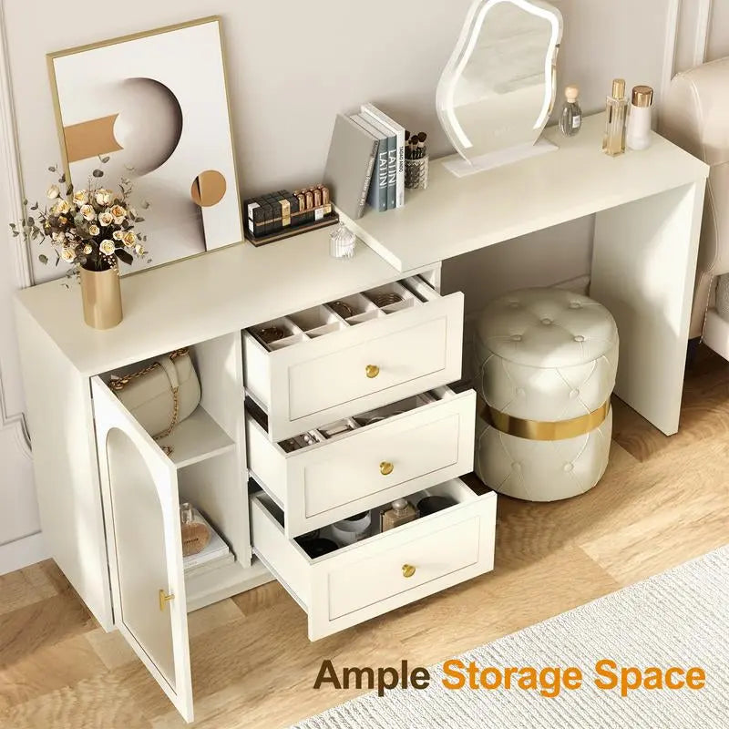 Royalcraft Makeup Vanity Desk, Extendable Corner Vanity Makeup Table with 3 Drawers, Modern Dressing Table for Bedroom, Cream White Makeup Vanity without Mirror