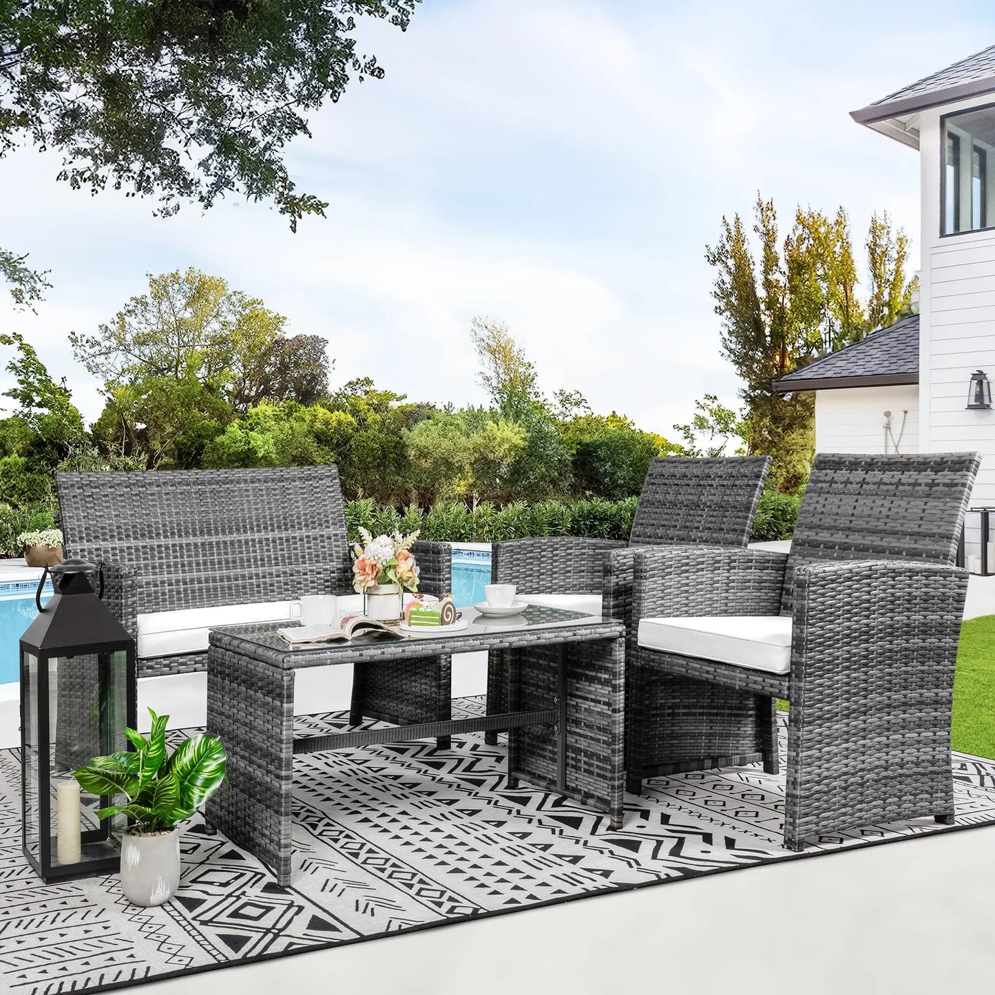 4-Piece Patio Rattan Furniture Set with Cushions & Tempered Glass Tabletop, White