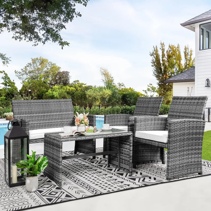 4-Piece Patio Rattan Furniture Set with Cushions & Tempered Glass Tabletop, White