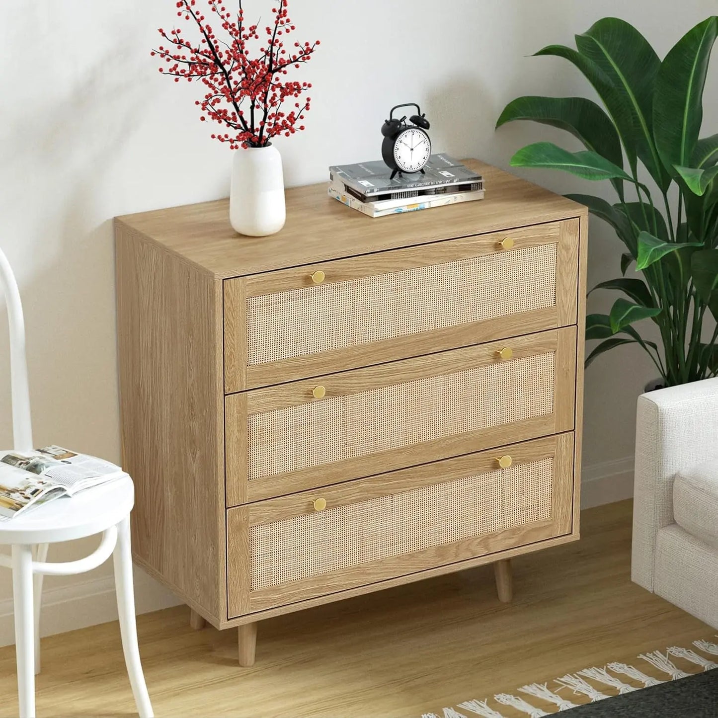 3 Drawer Dresser for Bedroom, Rattan Dresser Modern Wood Chest of Drawers with Spacious Storage for Bedroom Hallway Living Room, Rustic Oak, H0027