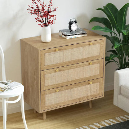 3 Drawer Dresser for Bedroom, Rattan Dresser Modern Wood Chest of Drawers with Spacious Storage for Bedroom Hallway Living Room, Rustic Oak, H0027