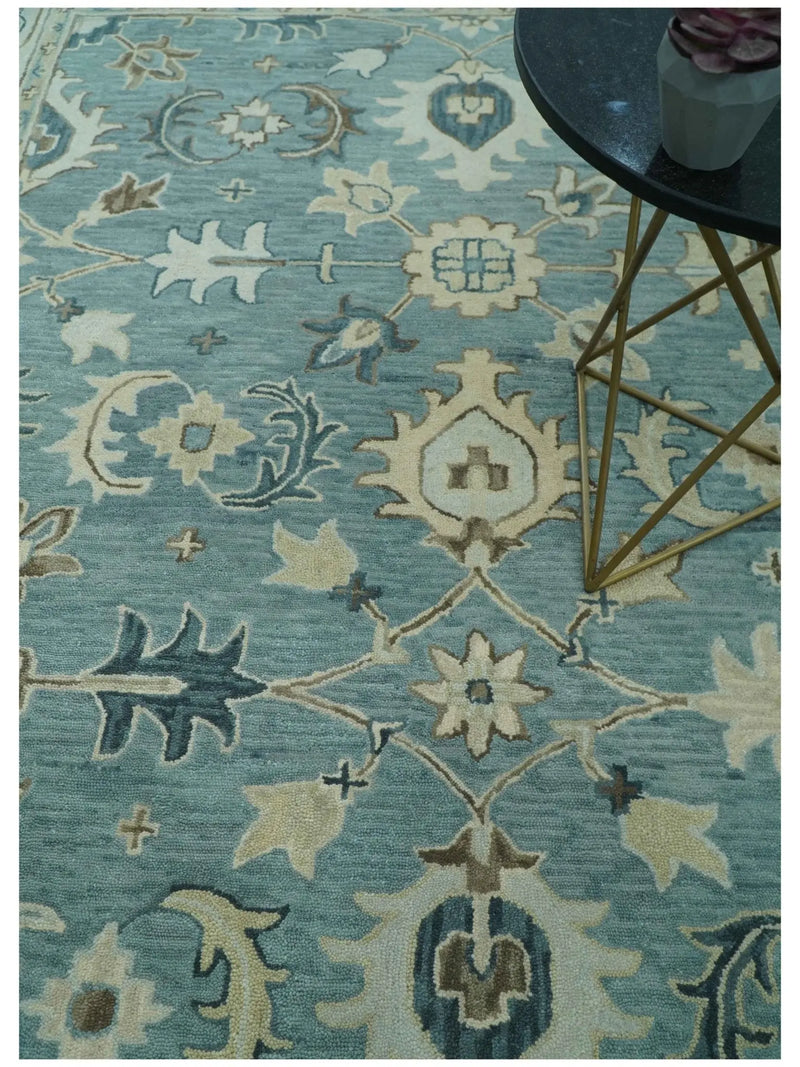 8x10 Blue, Ivory and Beige Hand Tufted Oriental Oushak wool area rug The Rug Decor
