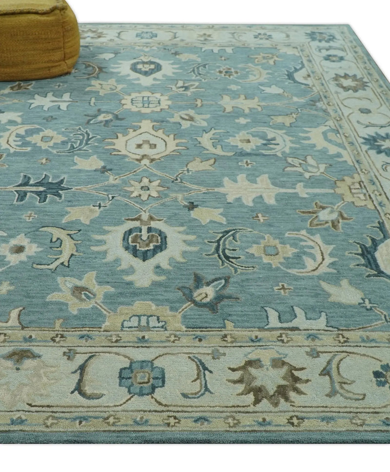 8x10 Blue, Ivory and Beige Hand Tufted Oriental Oushak wool area rug The Rug Decor