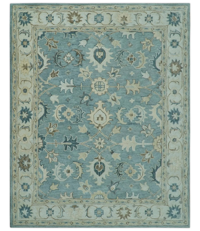 8x10 Blue, Ivory and Beige Hand Tufted Oriental Oushak wool area rug The Rug Decor