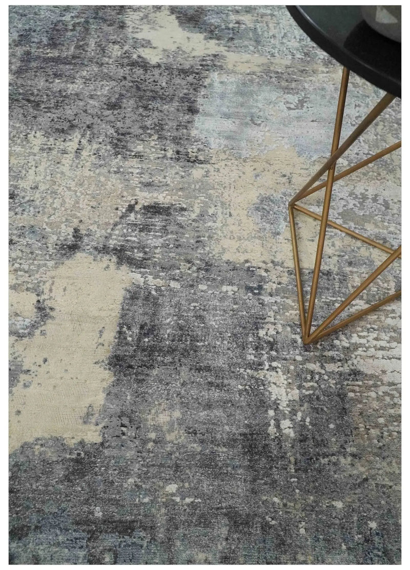 8x10 Charcoal, Beige and Gray Modern Abstract Distressed Finish High Low texture Hand Knotted Rug The Rug Decor