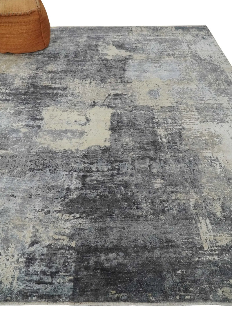 8x10 Charcoal, Beige and Gray Modern Abstract Distressed Finish High Low texture Hand Knotted Rug The Rug Decor