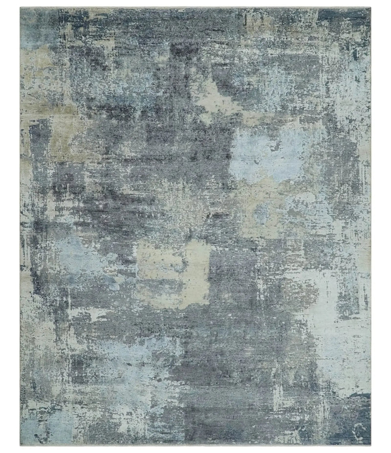 8x10 Charcoal, Beige and Gray Modern Abstract Distressed Finish High Low texture Hand Knotted Rug The Rug Decor