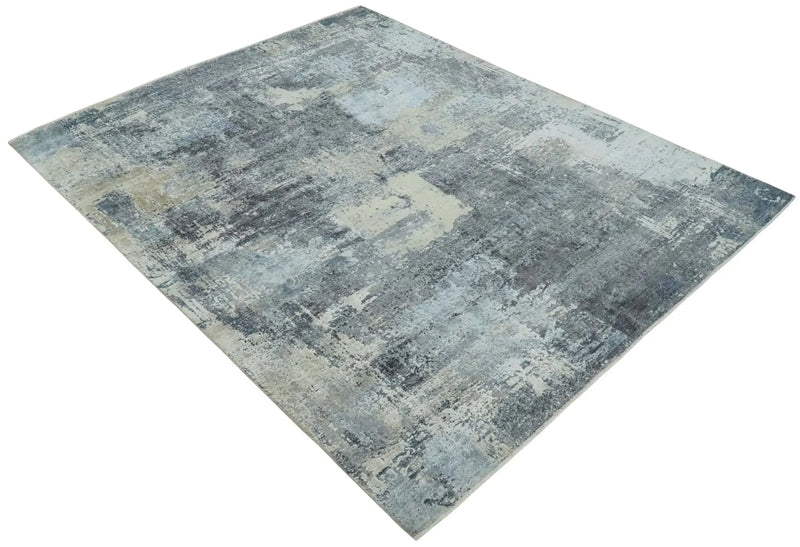 8x10 Charcoal, Beige and Gray Modern Abstract Distressed Finish High Low texture Hand Knotted Rug The Rug Decor