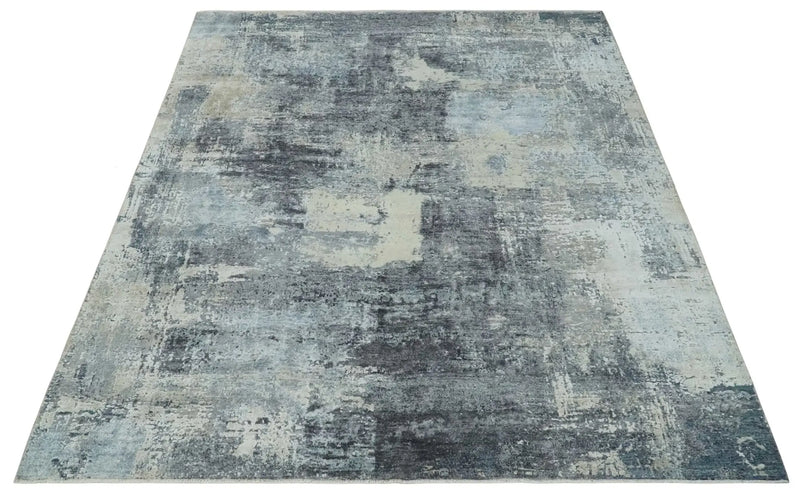 8x10 Charcoal, Beige and Gray Modern Abstract Distressed Finish High Low texture Hand Knotted Rug The Rug Decor