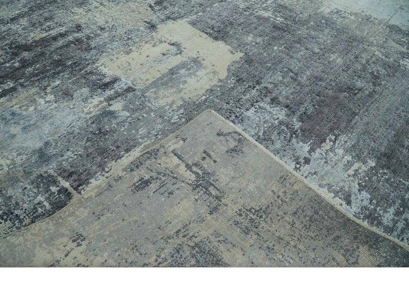 8x10 Charcoal, Beige and Gray Modern Abstract Distressed Finish High Low texture Hand Knotted Rug The Rug Decor