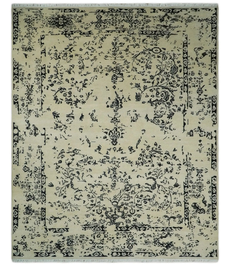 8x10 Fine Hand Knotted Beige and Black Traditional Vintage Persian Antique Wool Rug | AGR35 The Rug Decor
