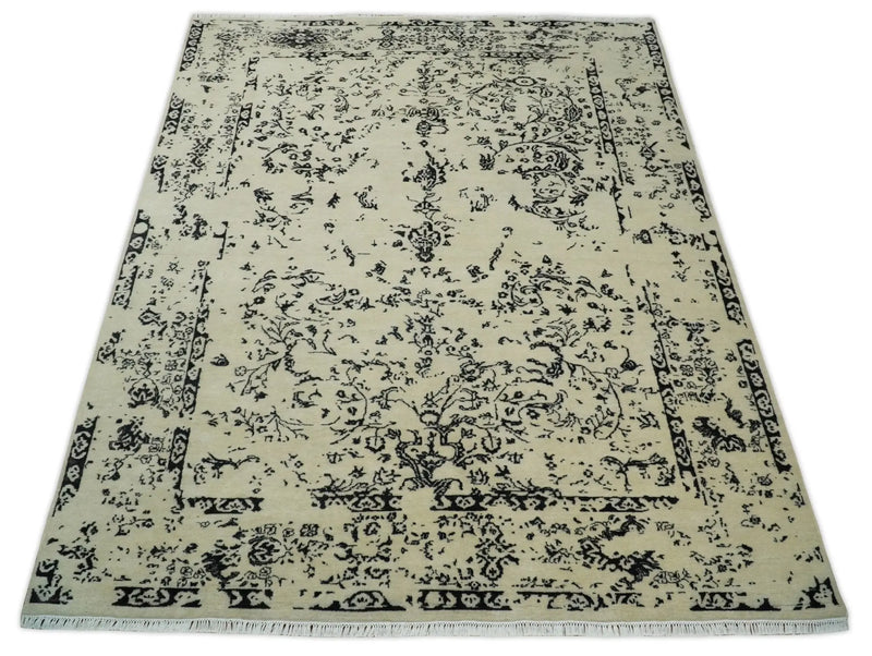 8x10 Fine Hand Knotted Beige and Black Traditional Vintage Persian Antique Wool Rug | AGR35 The Rug Decor