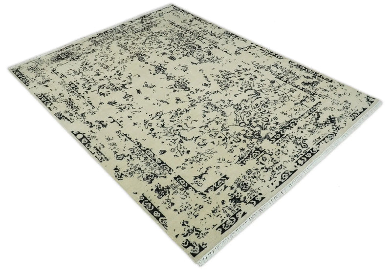8x10 Fine Hand Knotted Beige and Black Traditional Vintage Persian Antique Wool Rug | AGR35 The Rug Decor