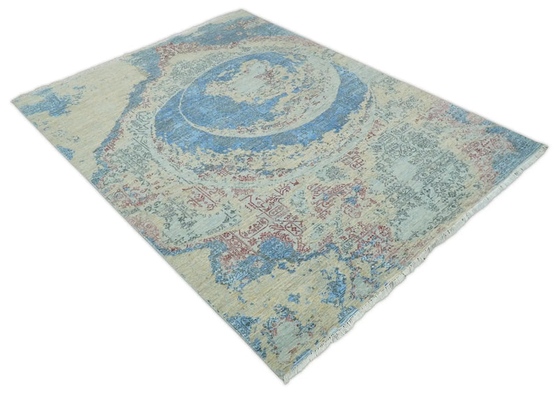 8x10 Fine Hand Knotted Beige and Blue Modern Abstract Style Antique Wool and Silk Area Rug | AGR37 The Rug Decor