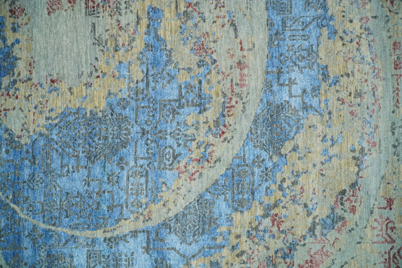 8x10 Fine Hand Knotted Beige and Blue Modern Abstract Style Antique Wool and Silk Area Rug | AGR37 The Rug Decor