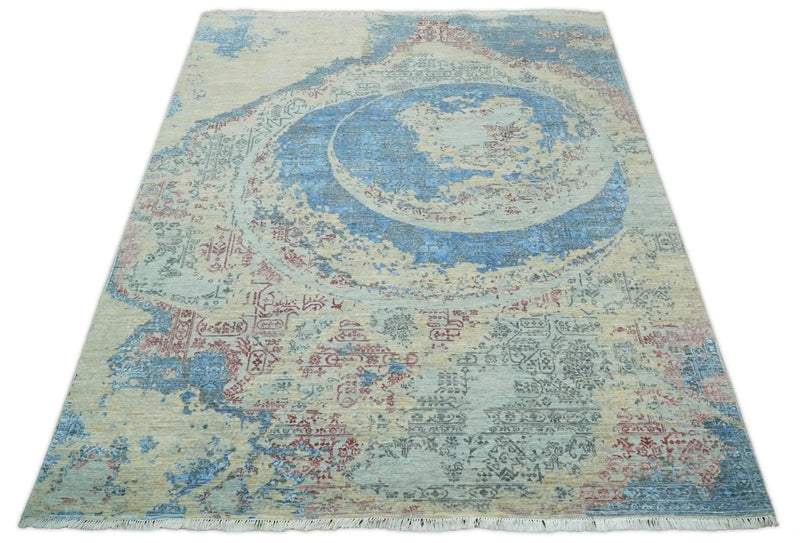 8x10 Fine Hand Knotted Beige and Blue Modern Abstract Style Antique Wool and Silk Area Rug | AGR37 The Rug Decor
