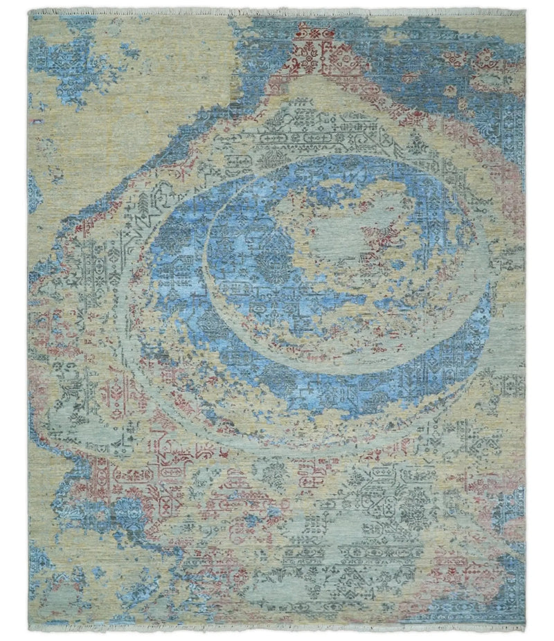 8x10 Fine Hand Knotted Beige and Blue Modern Abstract Style Antique Wool and Silk Area Rug | AGR37 The Rug Decor
