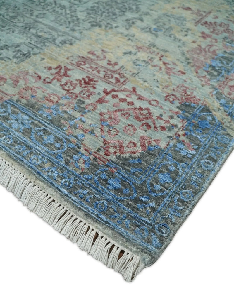 8x10 Fine Hand Knotted Beige and Blue Modern Abstract Style Antique Wool and Silk Area Rug | AGR37 The Rug Decor