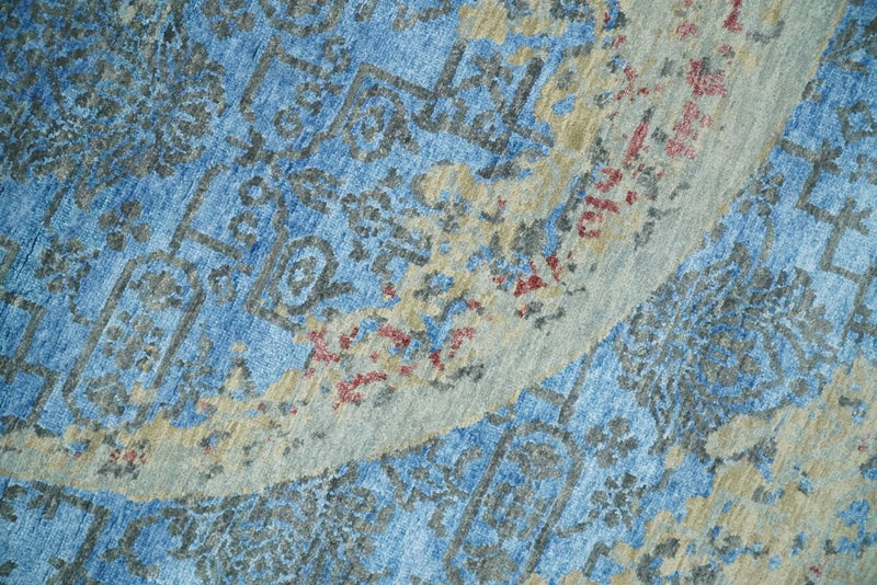 8x10 Fine Hand Knotted Beige and Blue Modern Abstract Style Antique Wool and Silk Area Rug | AGR37 The Rug Decor
