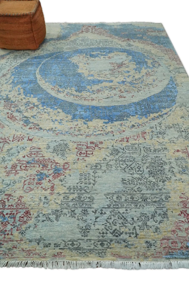 8x10 Fine Hand Knotted Beige and Blue Modern Abstract Style Antique Wool and Silk Area Rug | AGR37 The Rug Decor