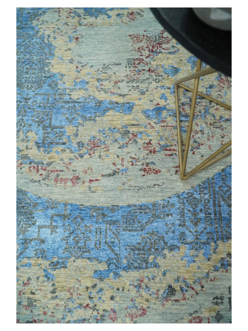 8x10 Fine Hand Knotted Beige and Blue Modern Abstract Style Antique Wool and Silk Area Rug | AGR37 The Rug Decor