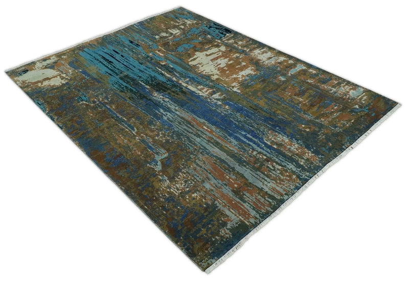 8x10 Fine Hand Knotted Blue and Brown Modern Abstract Wool Area Rug | AGR42 The Rug Decor
