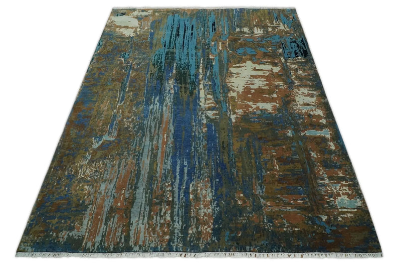 8x10 Fine Hand Knotted Blue and Brown Modern Abstract Wool Area Rug | AGR42 The Rug Decor
