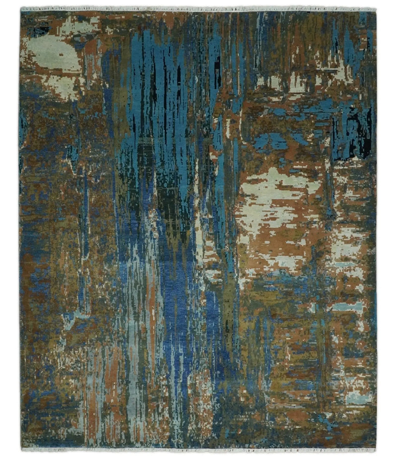 8x10 Fine Hand Knotted Blue and Brown Modern Abstract Wool Area Rug | AGR42 The Rug Decor