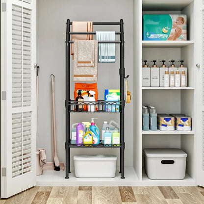 Metal 3 Tiers Free-Standing Towel Rack, Adjustable Bathroom Storage Organizer Shelf, Bath Towel Standing Shelf for Swimming Pool, Black