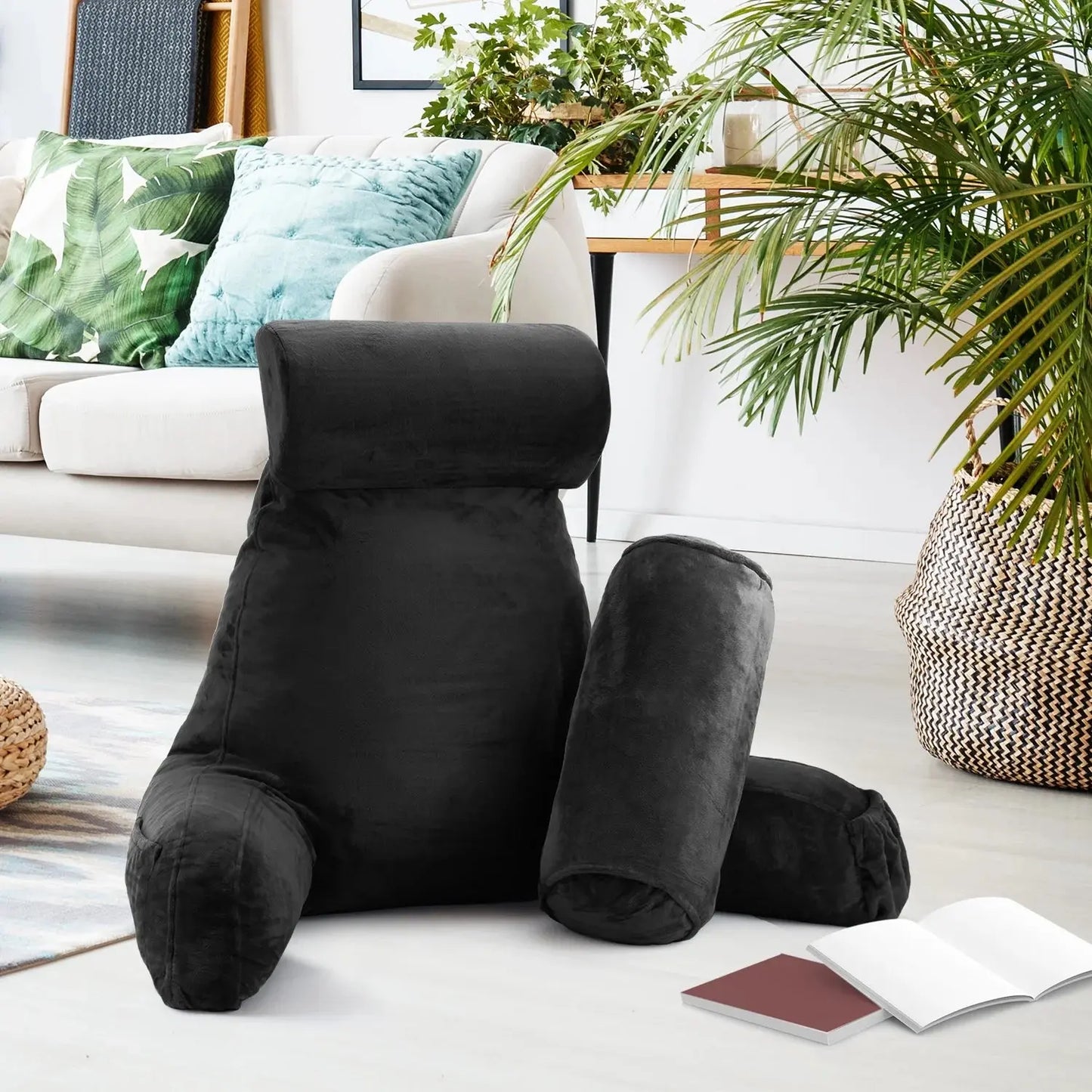 Reading Pillow Bonus Portable Lap Desk Stand for Laptop, Back Rest Pillow for Sitting in Bed, Shredded Memory Foam Bed Rest Pillow with Arms and Pockets, Large, Black